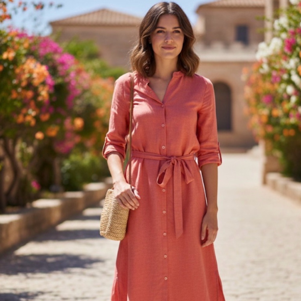 NWT Loft Linen Blend Button Front Long Sleeve Tie Maxi Shirt Dress Coral Size S - Picture 3 of 9